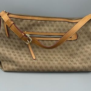 Dooney & Bourke Monogram DB Logo Shoulder Bag Tote Brown Canvas Leather Trim